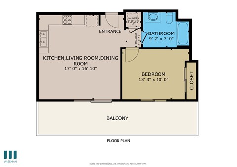 Floor plan for 1 bed, 1 bath, 537 sqft
